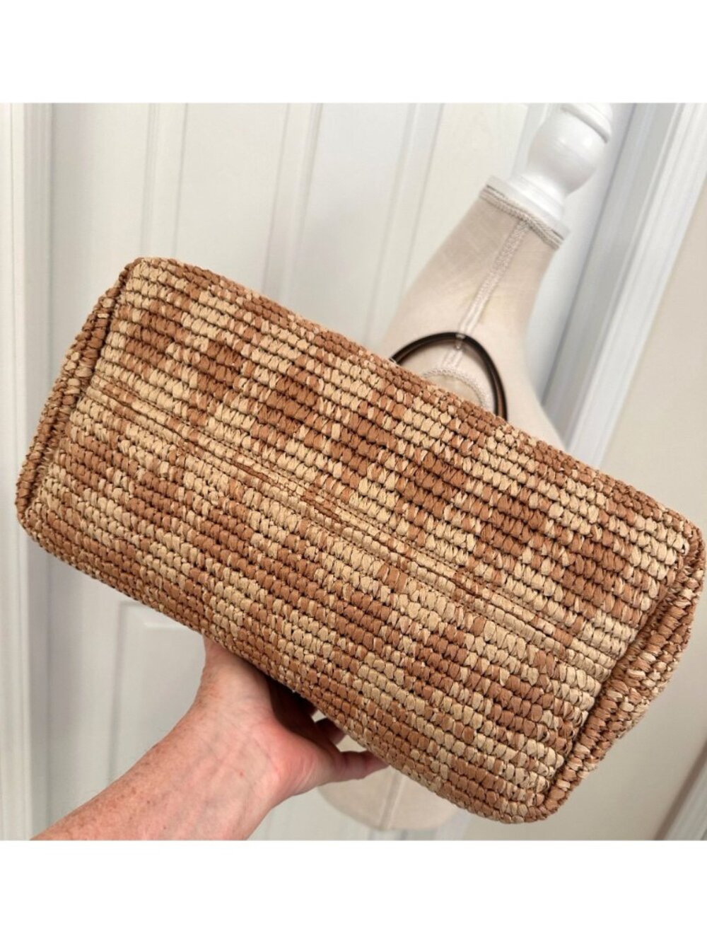 Coach City Tote Gingham Print Woven Straw and Smooth Tan Leather Trim CES22 NWT - Picture 5 of 12
